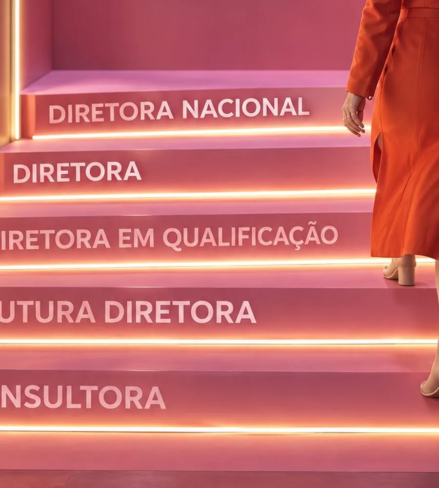 Escada com os degraus da carreira: Consultora, Futura Diretora, Diretora em Qualificação, Diretora, Diretora Nacional